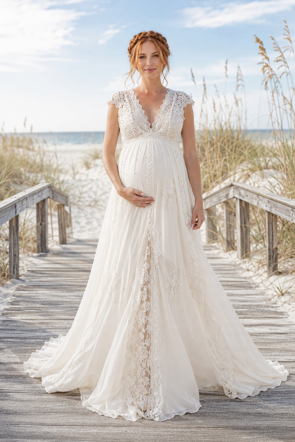 Ivory Maternity Deep V Cap Sleeve Lace A-Line Wedding Dress with Sheer Train front view