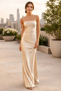 Champagne Square Neck Satin Sheath Bridesmaid Dress with Side Ruching and Low Back front view