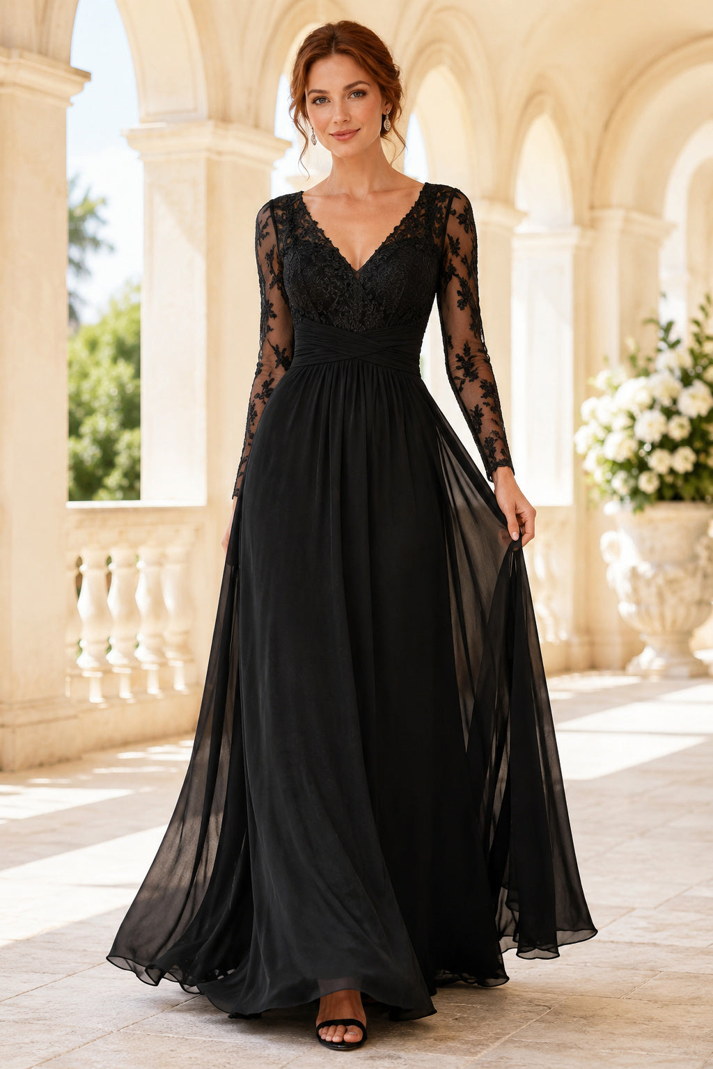 Black Long Sleeve Lace V-Neck A-Line Evening Dress with Chiffon Skirt front view