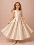 Flower Girl Dress Champagne Satin A-Line V-Neck Tea Length Bow Back front view