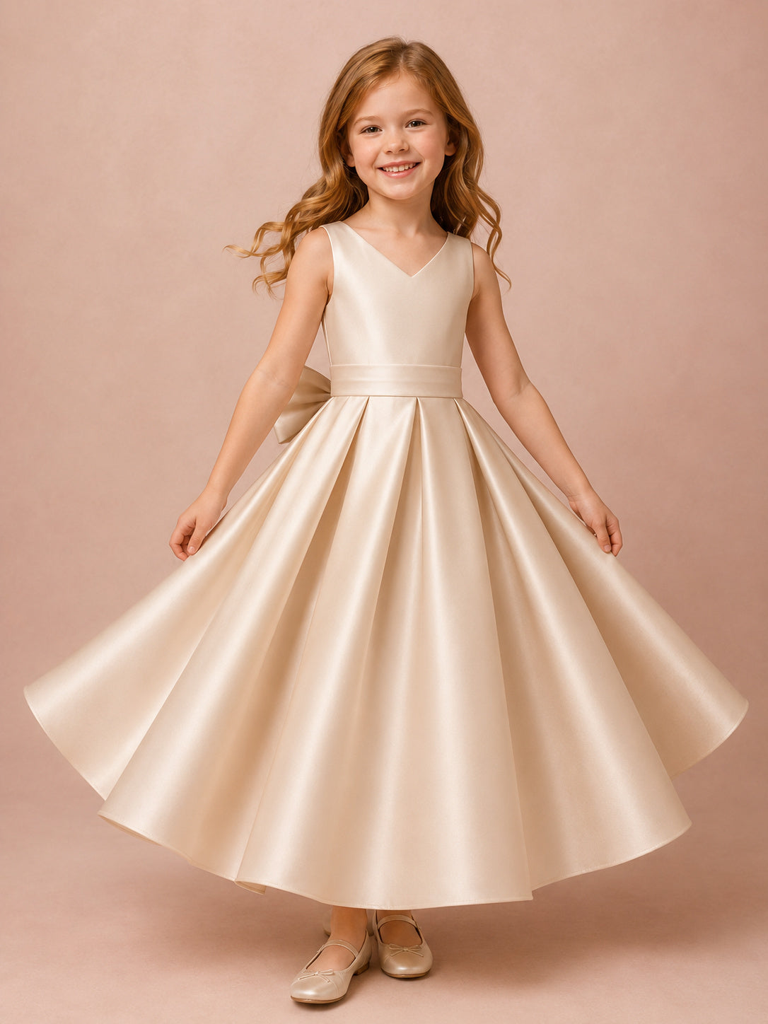 Flower Girl Dress Champagne Satin A-Line V-Neck Tea Length Bow Back front view