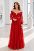 Red Off-the-Shoulder A-Line Tulle Floor-Length Dress With Lace Bodice