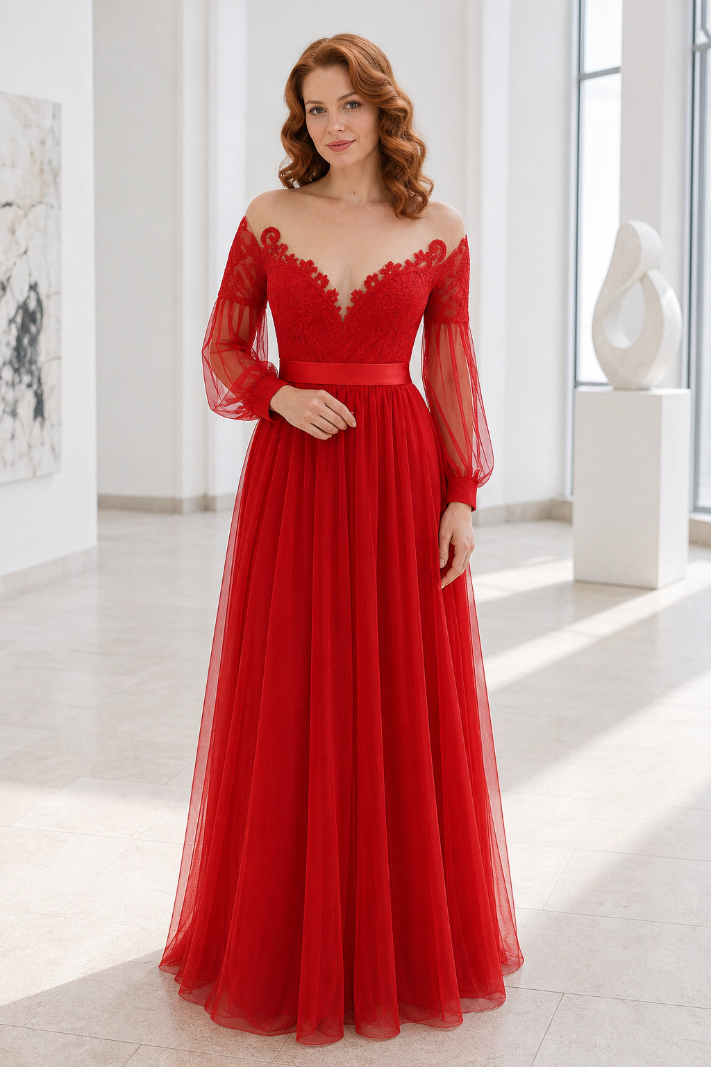 Red Off-the-Shoulder A-Line Tulle Floor-Length Dress With Lace Bodice