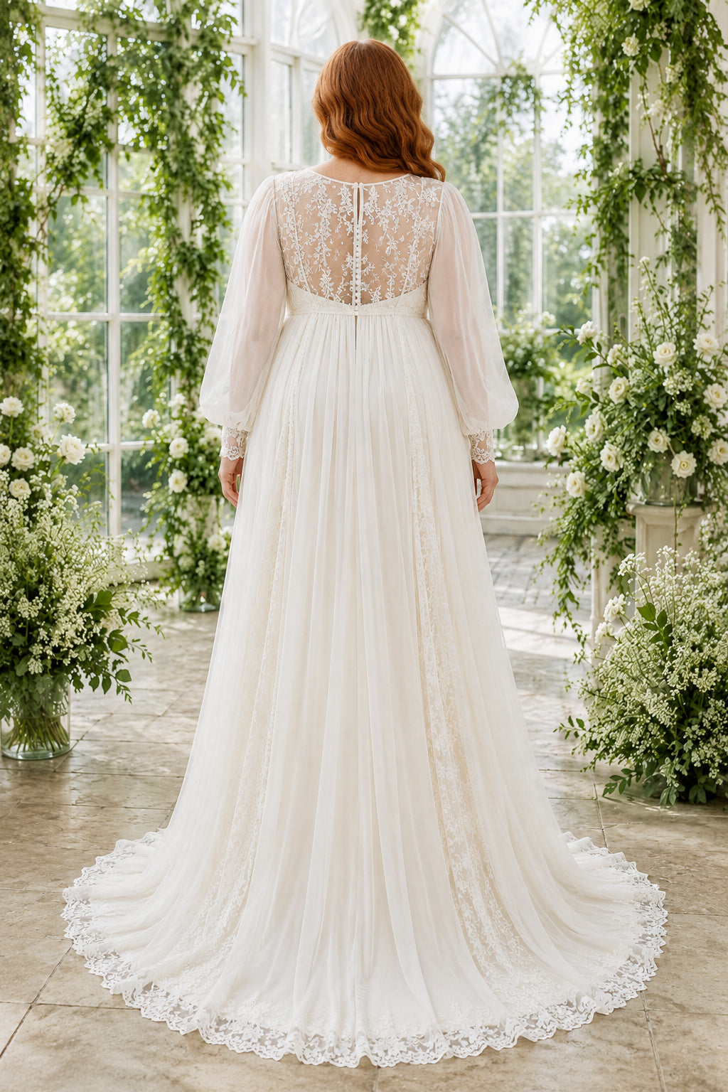 Ivory Plus Size Maternity Jewel Neck Long Sleeve A-Line Wedding Dress with Tulle Train back view