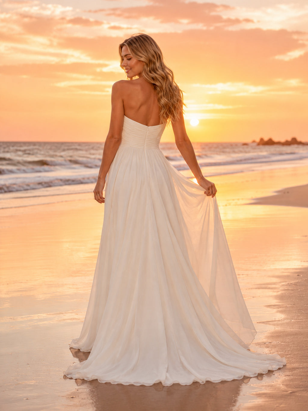 Romantic Strapless Tulle Sunset Beach Landscape Elopement Gown back view