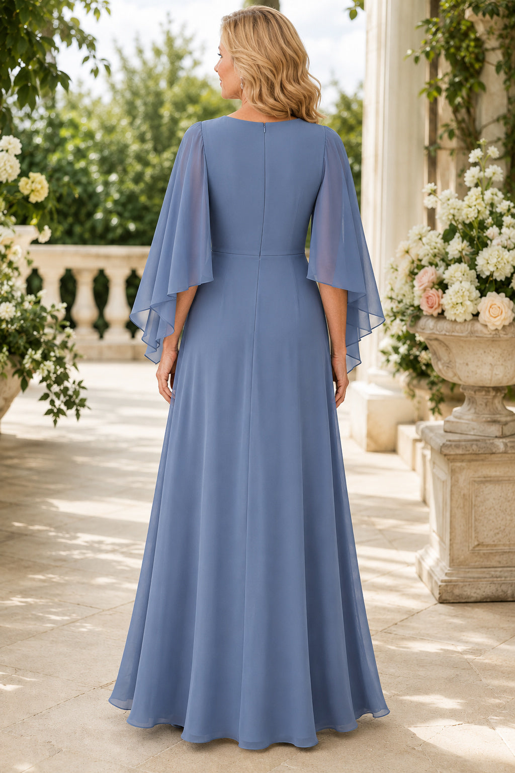 Steel Blue Bateau A-Line Mother Dress with Cape Sleeves and Beaded Waist for Evening Reception back view