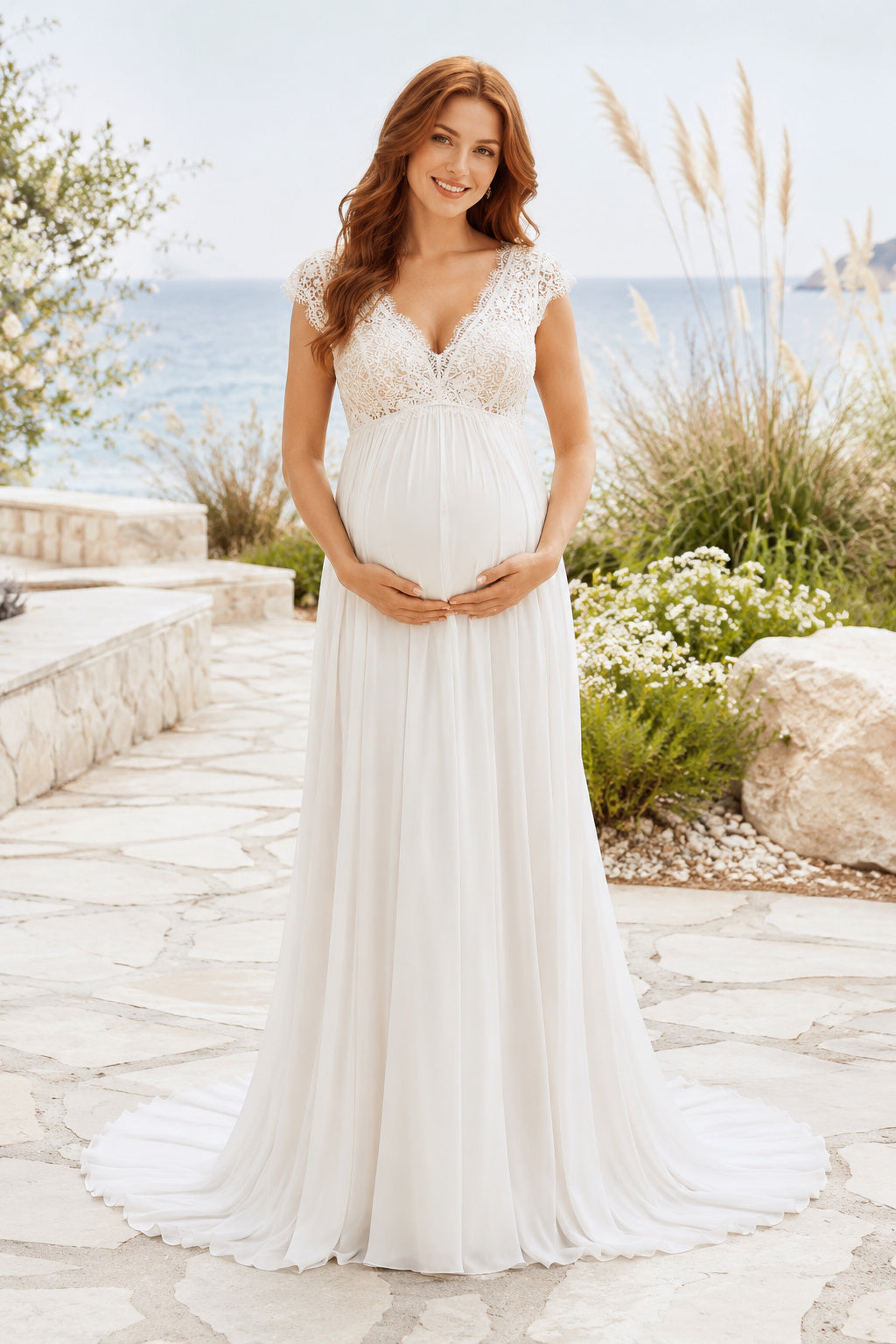 Ivory V-Neck Lace Strap Maternity Wedding Dress with Chiffon Skirt front view
