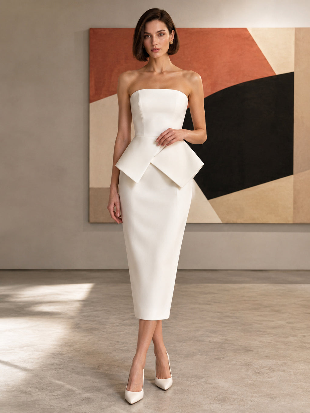 White strapless peplum sheath modern gallery cocktail midi dress front view