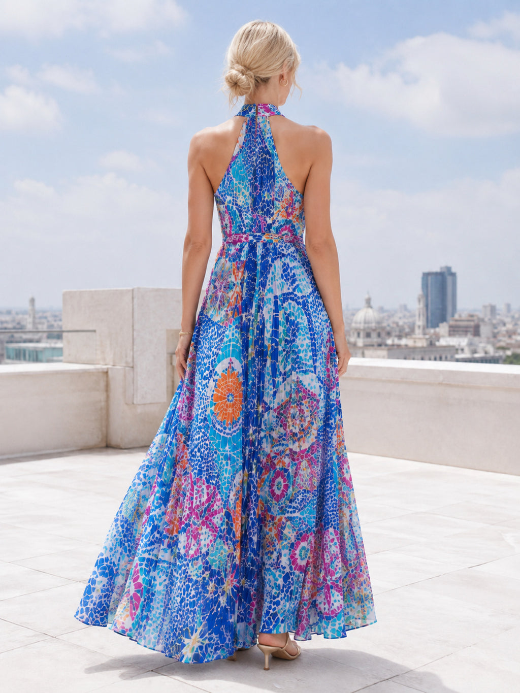 Blue Mosaic Halter Resort Evening A Line Maxi Dress back view