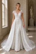 White Square A-Line Crepe Floor-length Wedding Dress With Layered Skirt and Beaded Bodice and Open Back