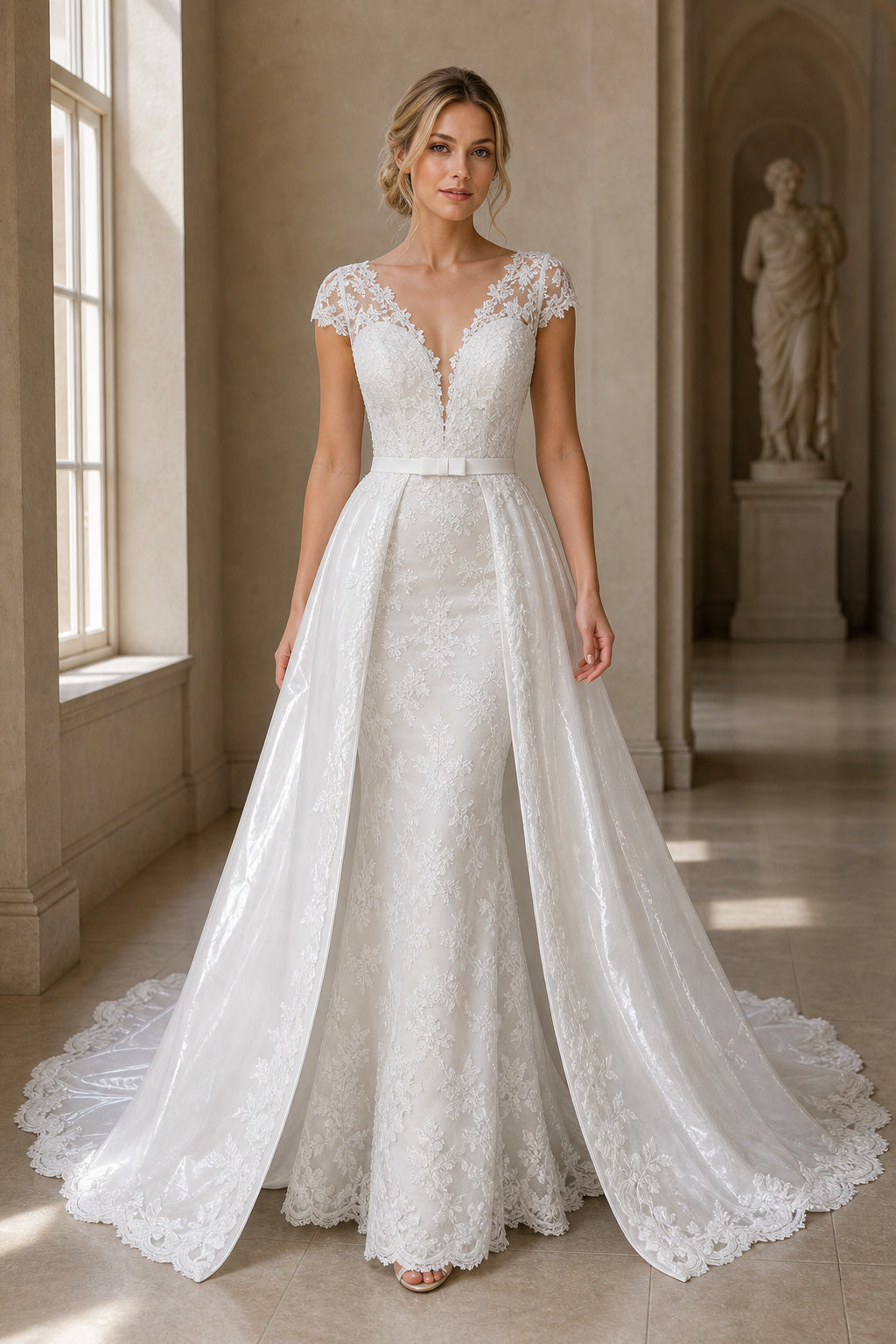 White Square A-Line Crepe Floor-length Wedding Dress With Layered Skirt and Beaded Bodice and Open Back