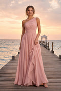 Blush One-Shoulder Chiffon A-Line Formal Dress front view