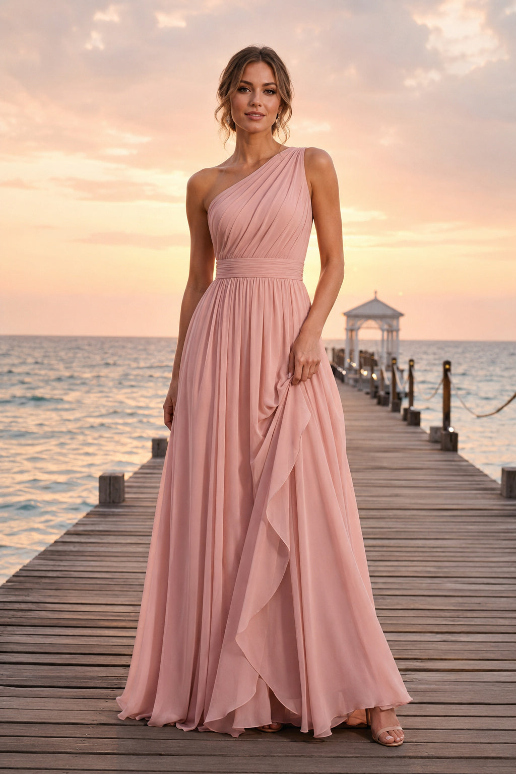 Blush One-Shoulder Chiffon A-Line Formal Dress front view