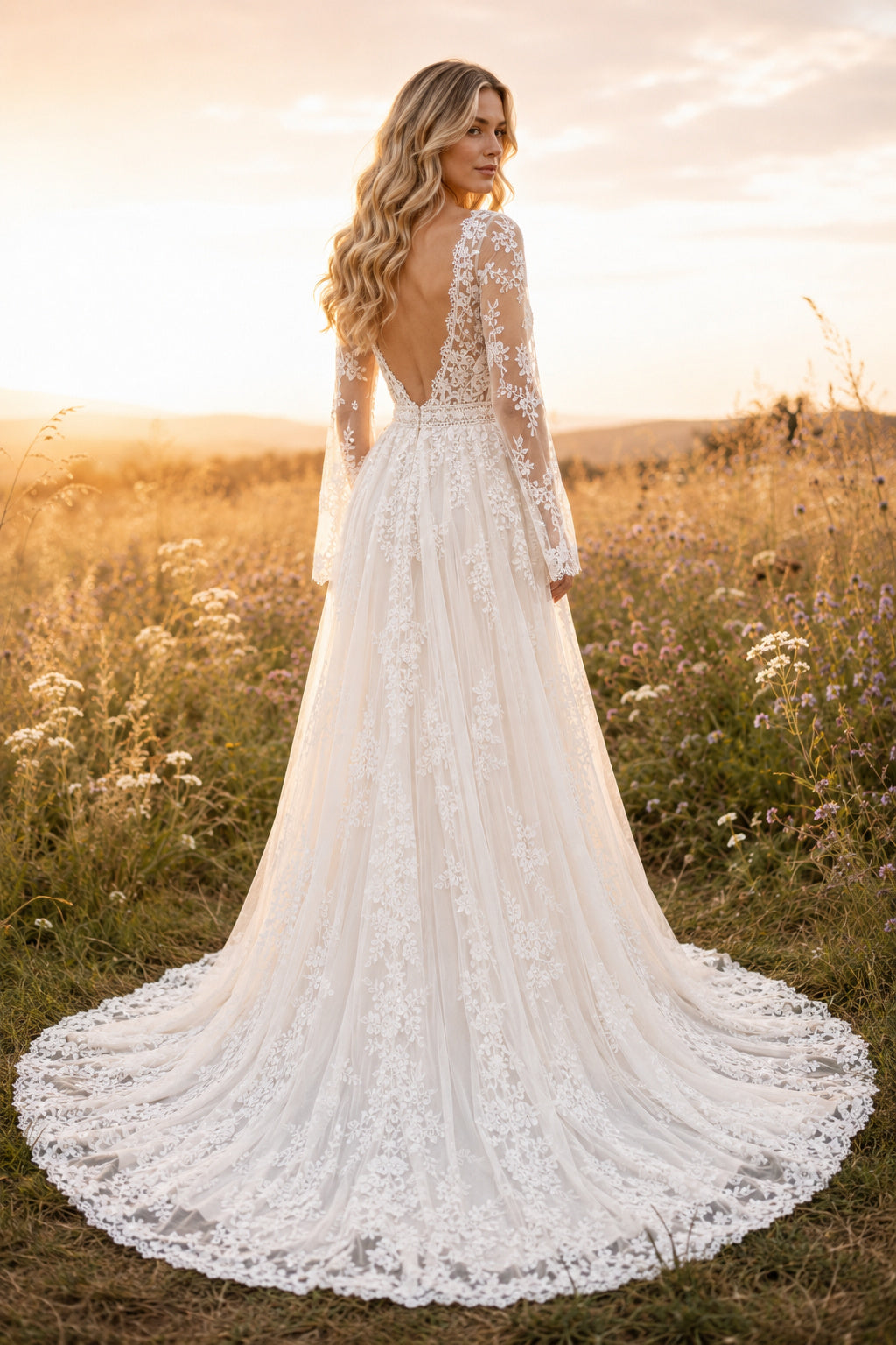 Ivory Long Sleeve Lace A-Line Wedding Dress with Plunging V-Neck and Chapel Train back view