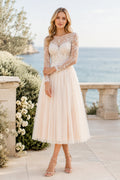 Blushing Pink Illusion Sweetheart Neck Long Sleeve Lace Tulle Tea-Length Wedding Dress with Blush Tulle Skirt and Lace Sleeve