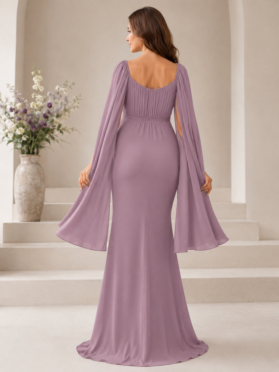 Mauve Maternity Sweetheart Cape Sleeve Mermaid Sweep Train Evening Dress back view