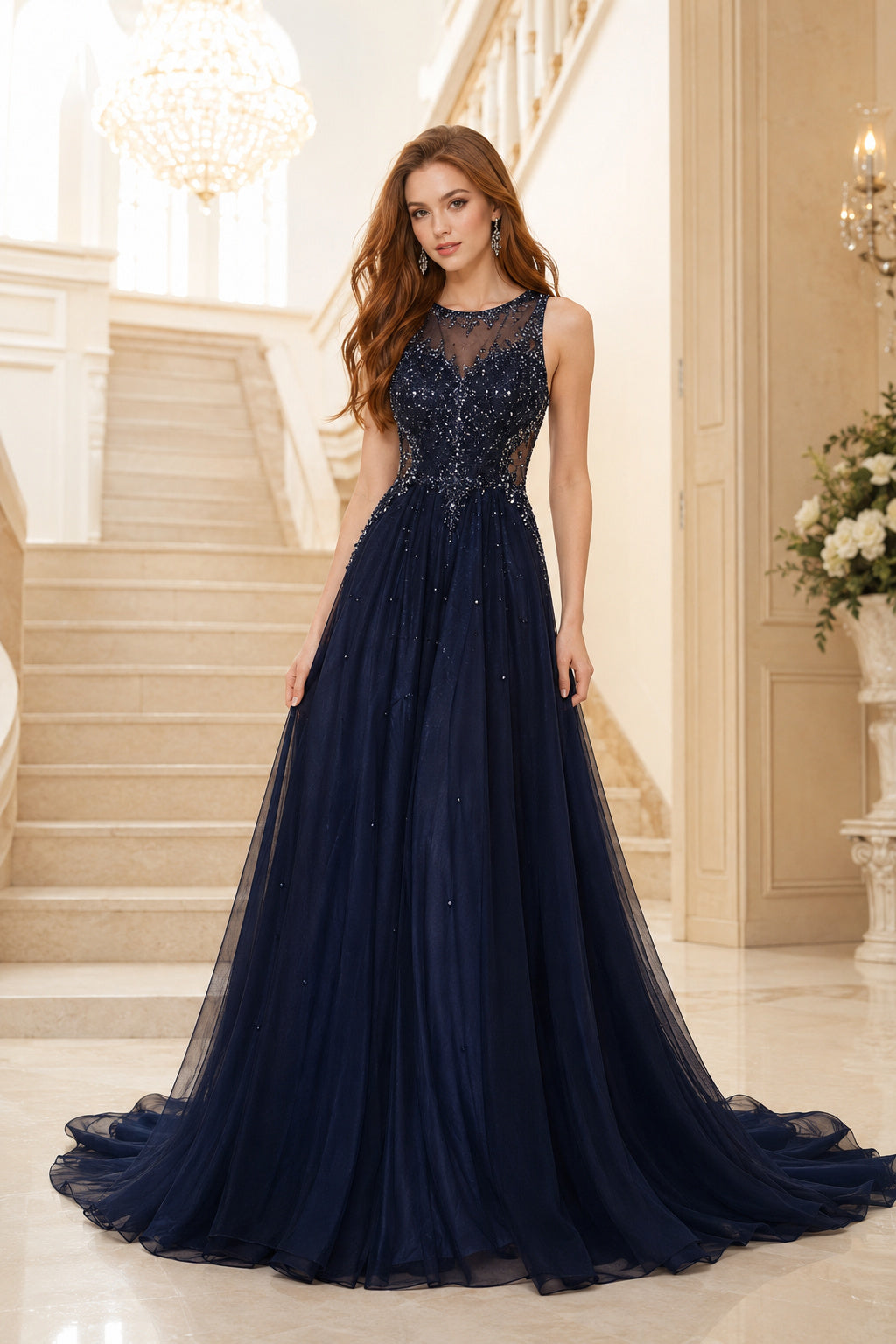 Dark Navy A-Line Evening Dress with Illusion Lace Bodice for Prom Evening and Formal Reception Events front view