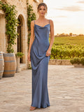 Slate Blue Satin Cowl Neck Slip Evening Gown front view