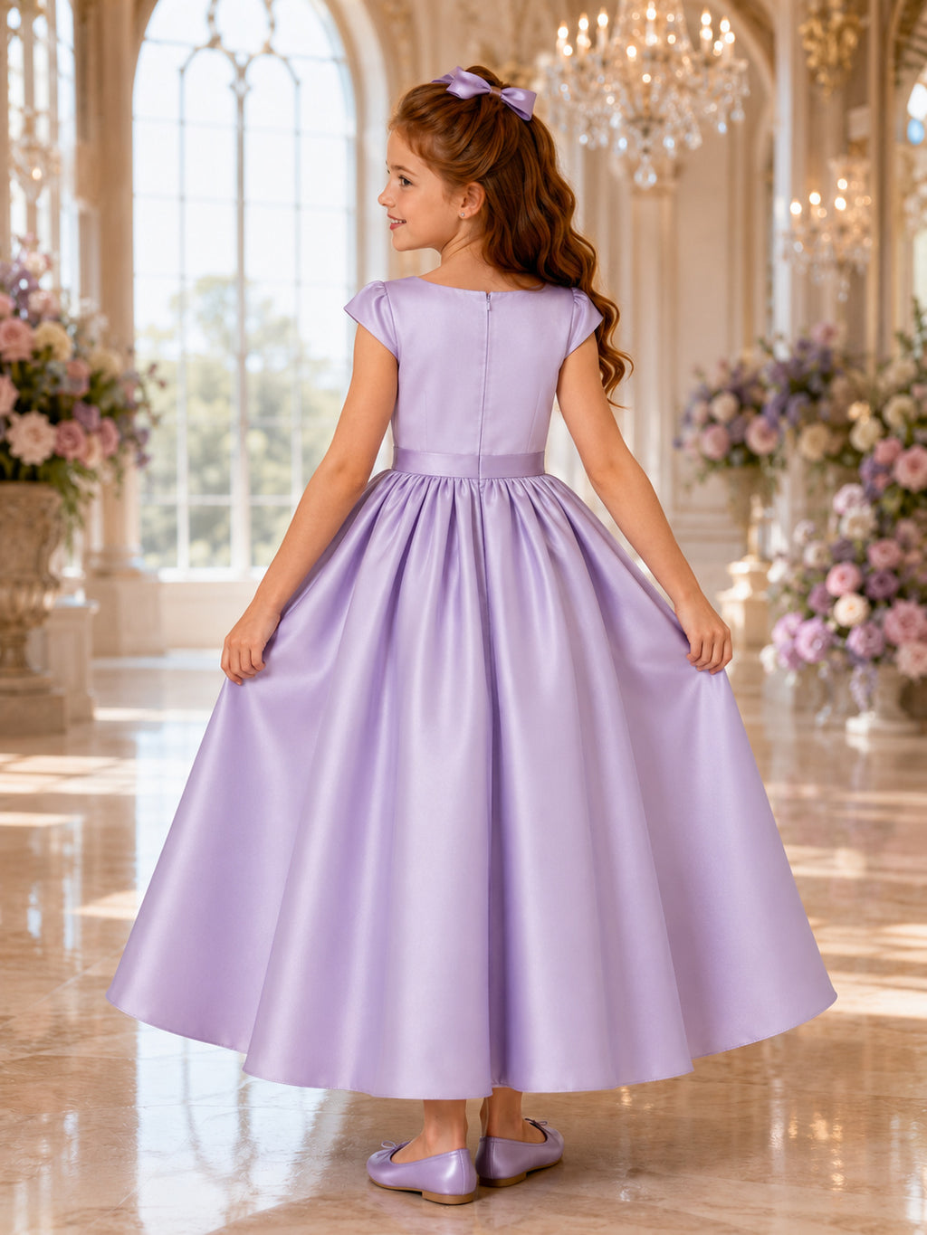Lavender Elegant Satin Scoop Neck Cap Sleeve A-Line Flower Girl Tea-Length Dress back view