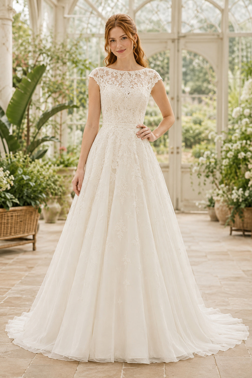 Bateau Cap Sleeve A-Line Wedding Dress with Lace Bodice and Soft Tulle Train for Beach Garden Ceremony front view
