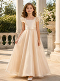 Champagne Cap Sleeve Satin A-Line Flower Girl Dress with square Neckline and Floor length Skirt with Bow Detail front view