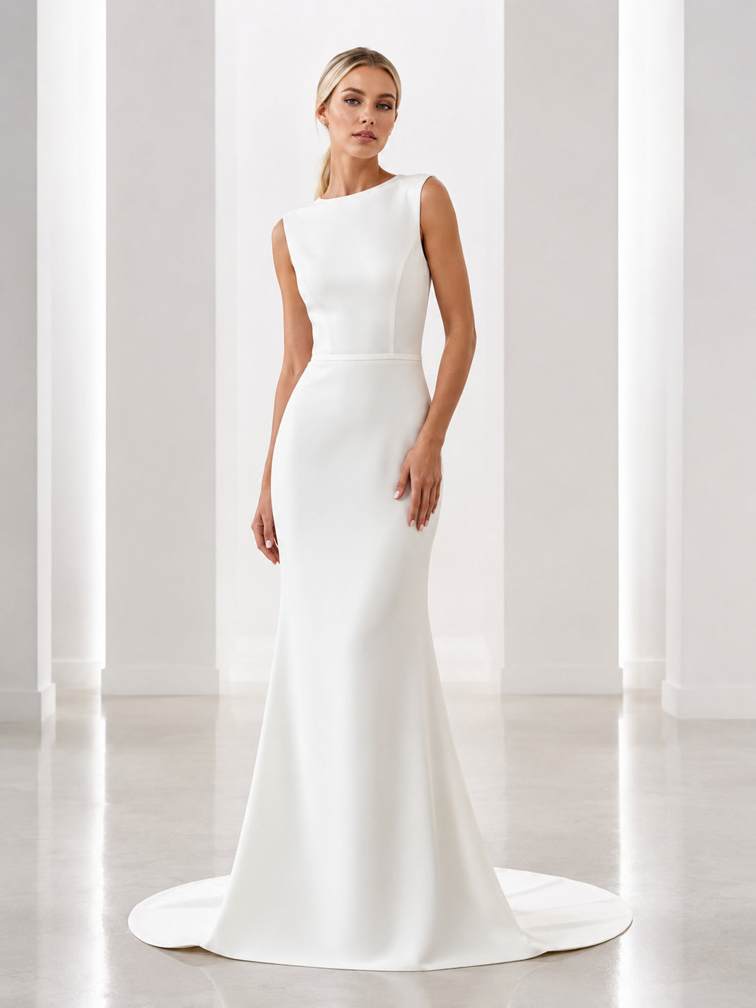 Simple Bateau Sleeveless Fit And Flare Wedding Dress With Court Train front view