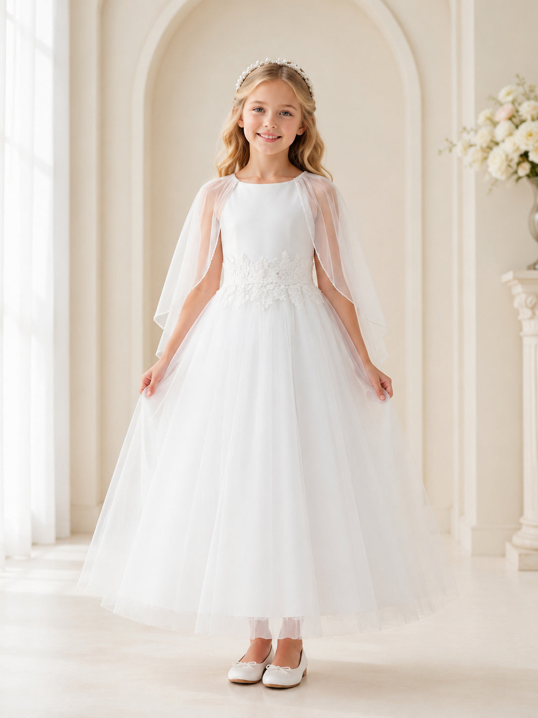 White Tulle Cape Jewel Neck Communion Flowergirl Ceremony Dress front view