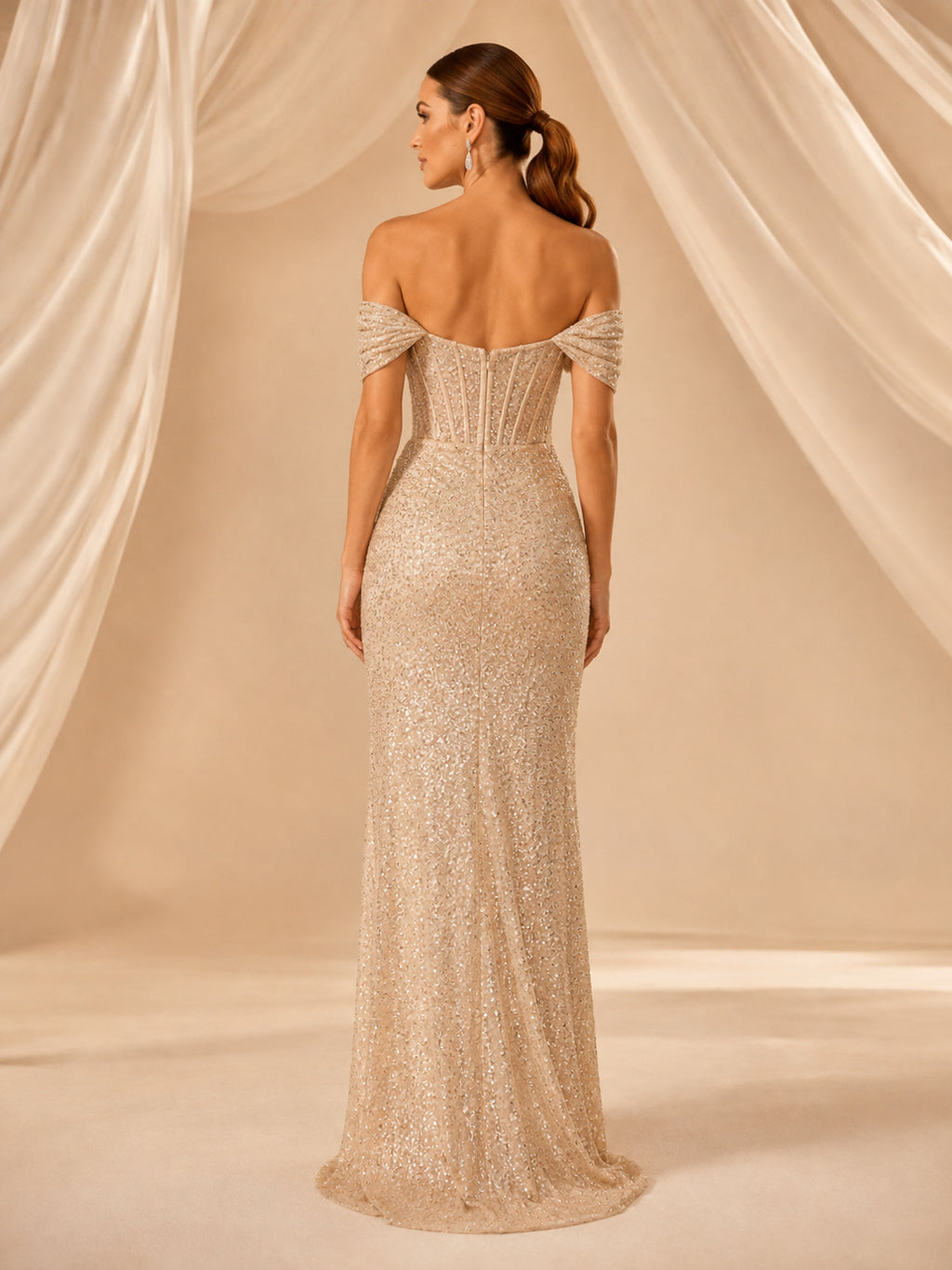 Champagne Sequin Off Shoulder Slit Mermaid Evening Dress back view