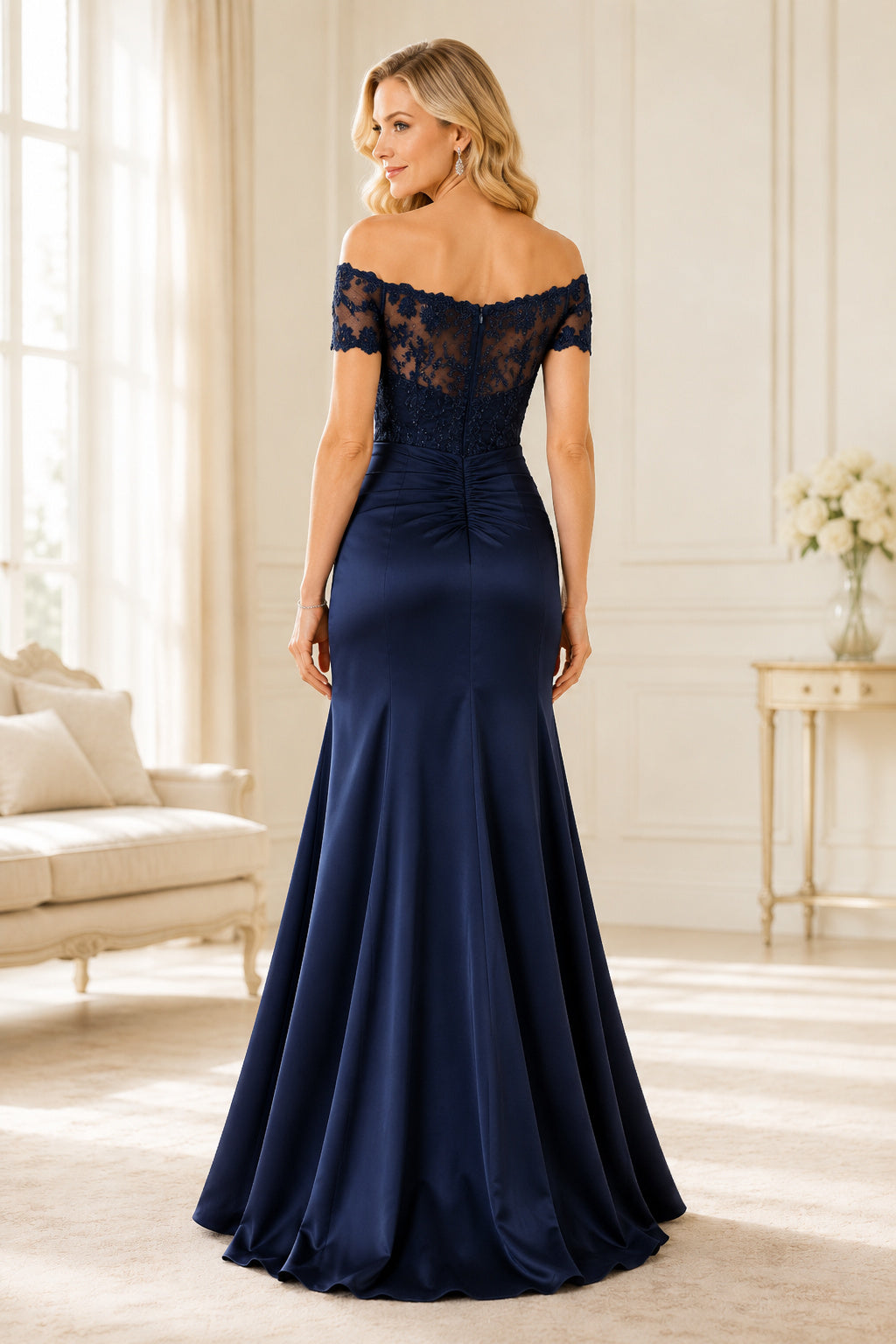Dark Navy Off-the-Shoulder Satin Mermaid Mother Dress with Lace Sleeves and Back back view
