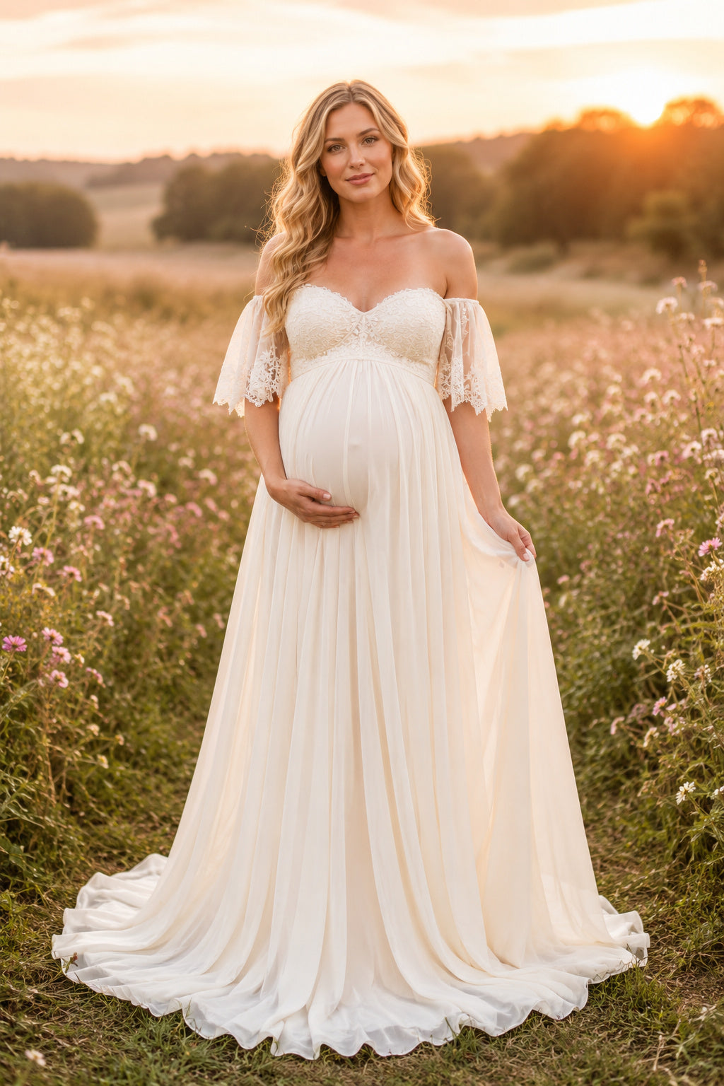 Ivory Maternity Off-the-Shoulder Chiffon A-Line Wedding Dress with Flutter Sleeves front view