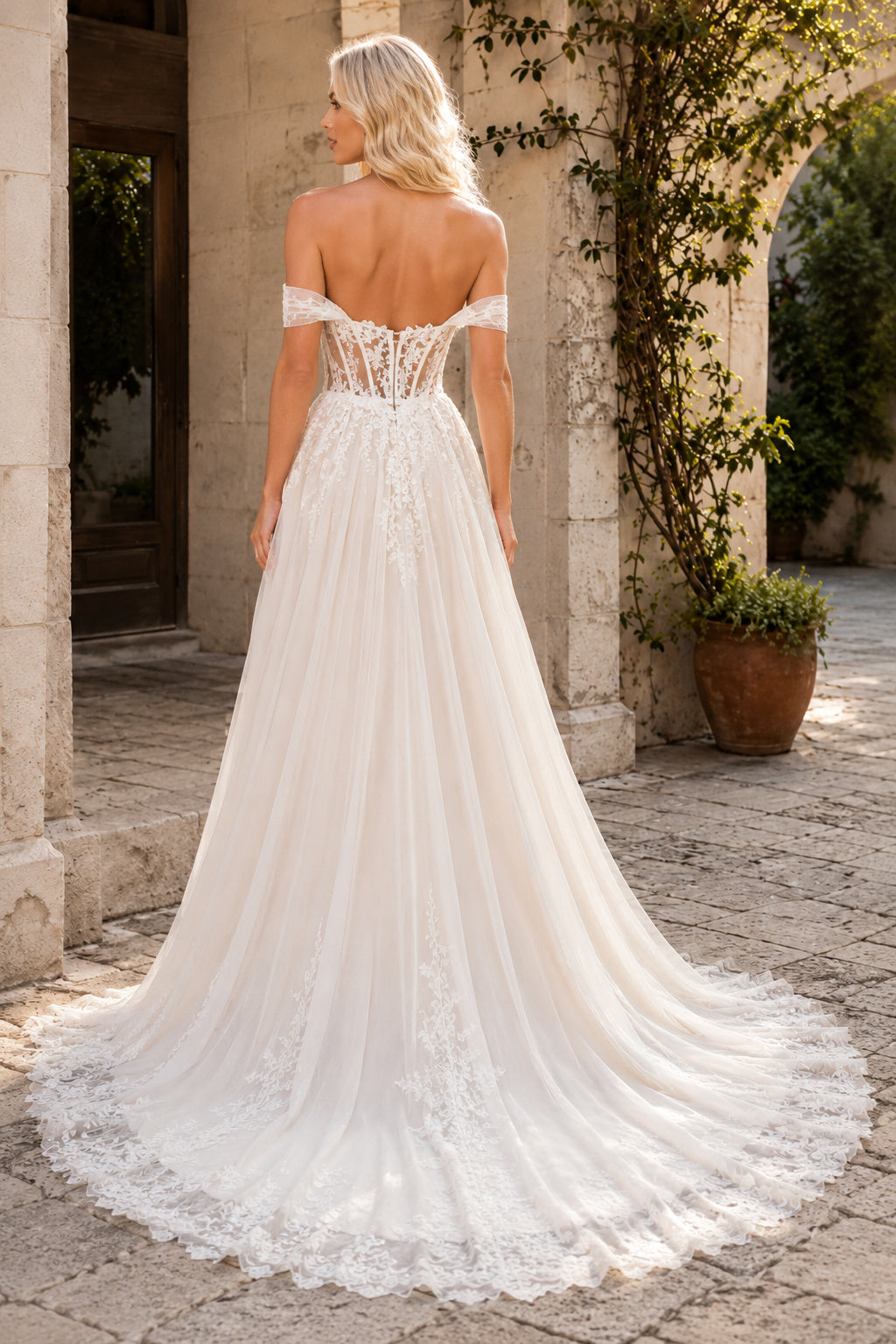 Ivory Romantic Off-the-Shoulder A-Line Soft Tulle Wedding Dress with Detached Long Sleeves and Sweep Train back view