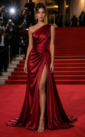 Luxury Red Carpet Evening Gown Red Satin One Shoulder Dress with Sweep Train front view