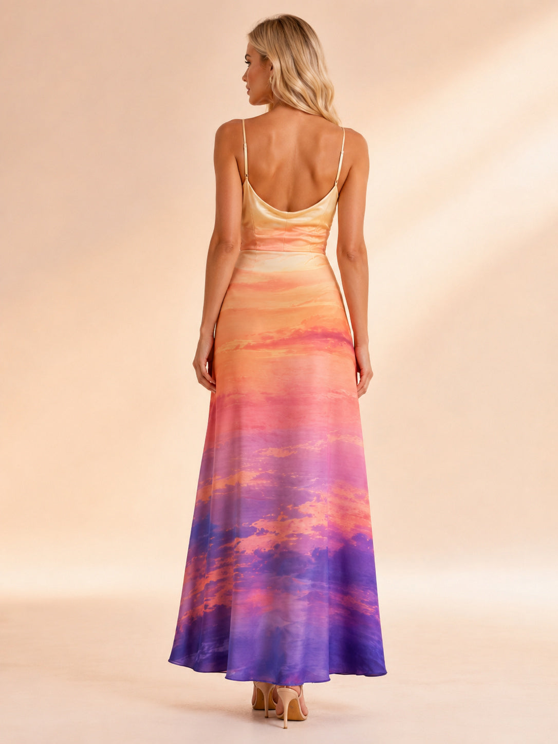 Sunset Cowl Neck Satin Slip Evening Maxi Dress back view