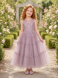 Flower Girl Dress Mauve Tulle A-Line Sleeveless Jewel Neck Tea Length Floral Applique Tiered Skirt front view
