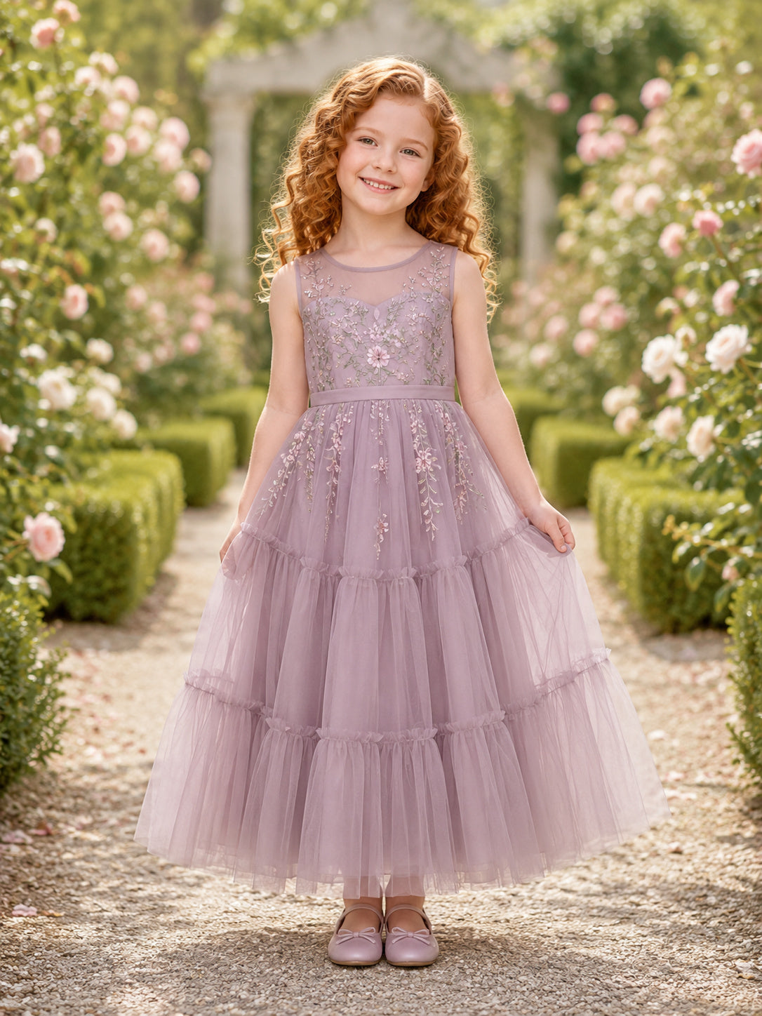 Flower Girl Dress Mauve Tulle A-Line Sleeveless Jewel Neck Tea Length Floral Applique Tiered Skirt front view