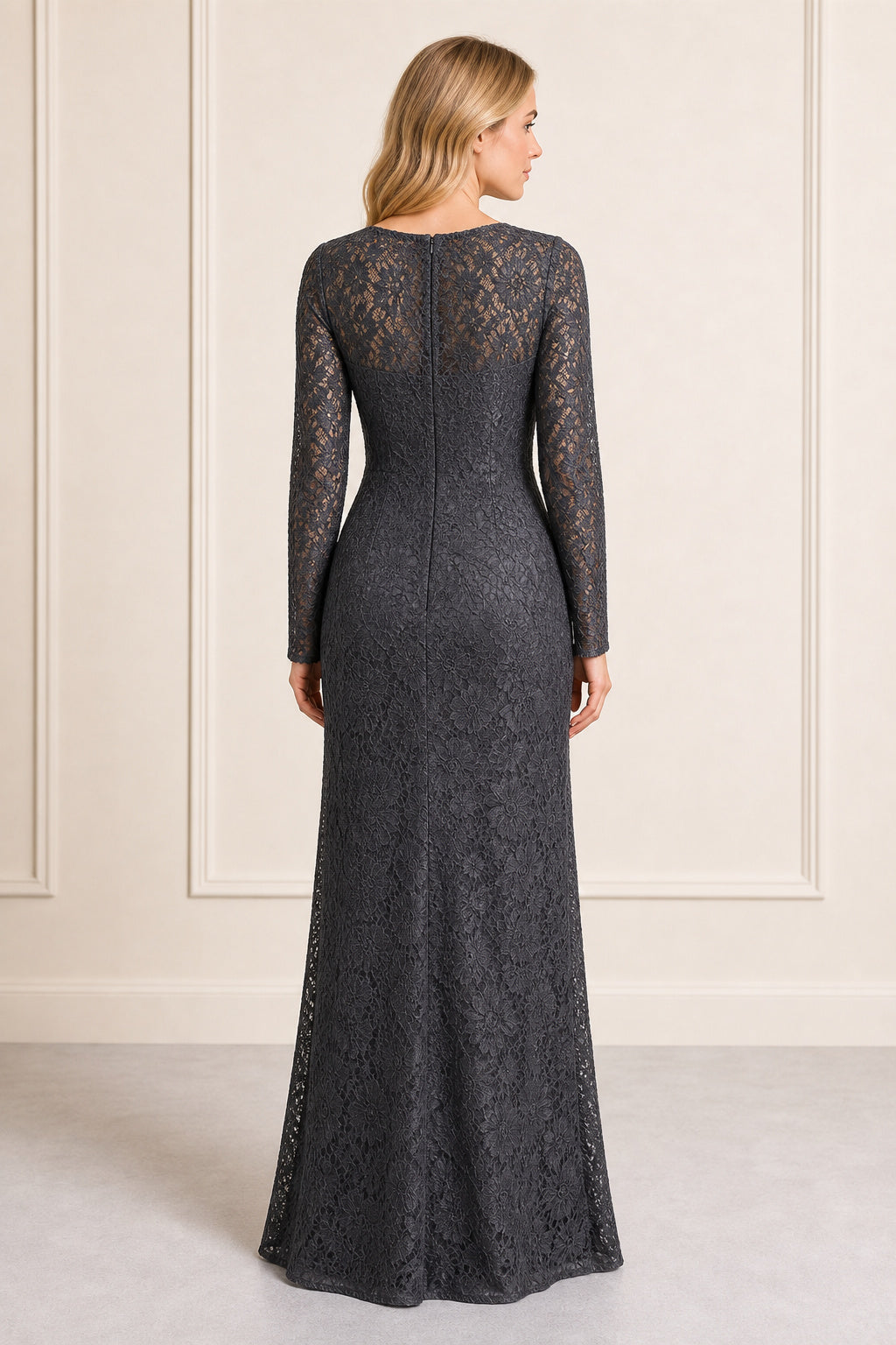 Charcoal Bateau Long Sleeve Sheath Lace Floor-Length Dress