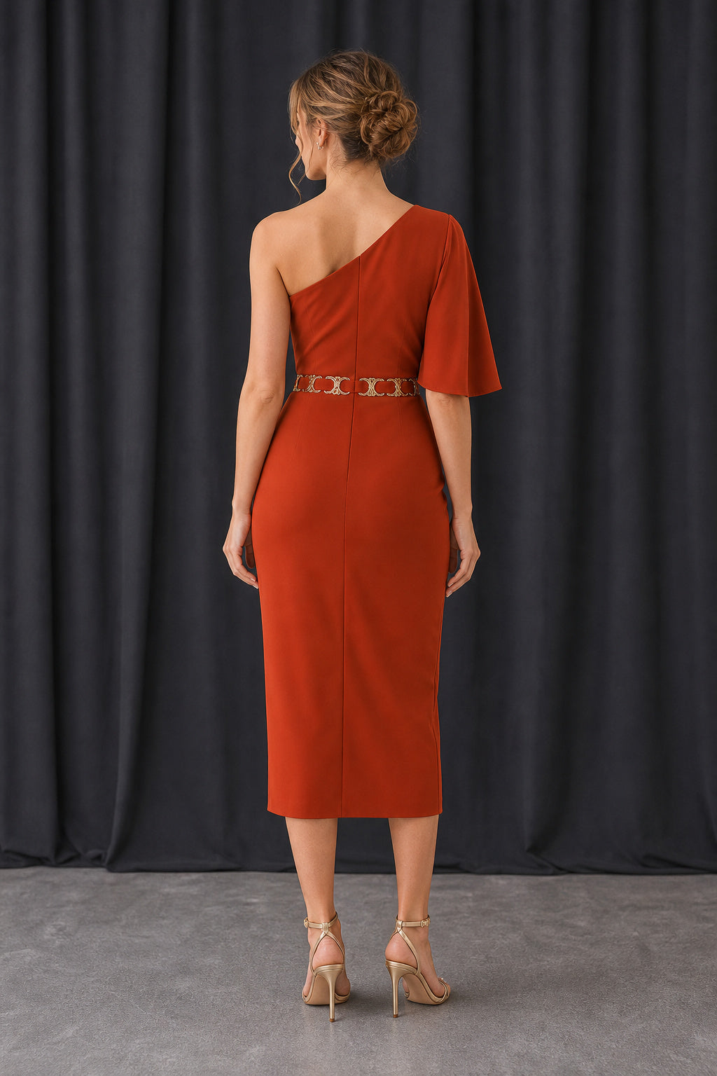 Rust One-Shoulder Sheath Crepe Knee-Length Dress With Beaded Waist