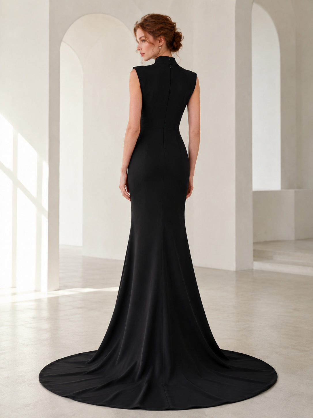 Dramatic High Neck Sleeveless Satin Mermaid Sweep Train Wedding Dress back view