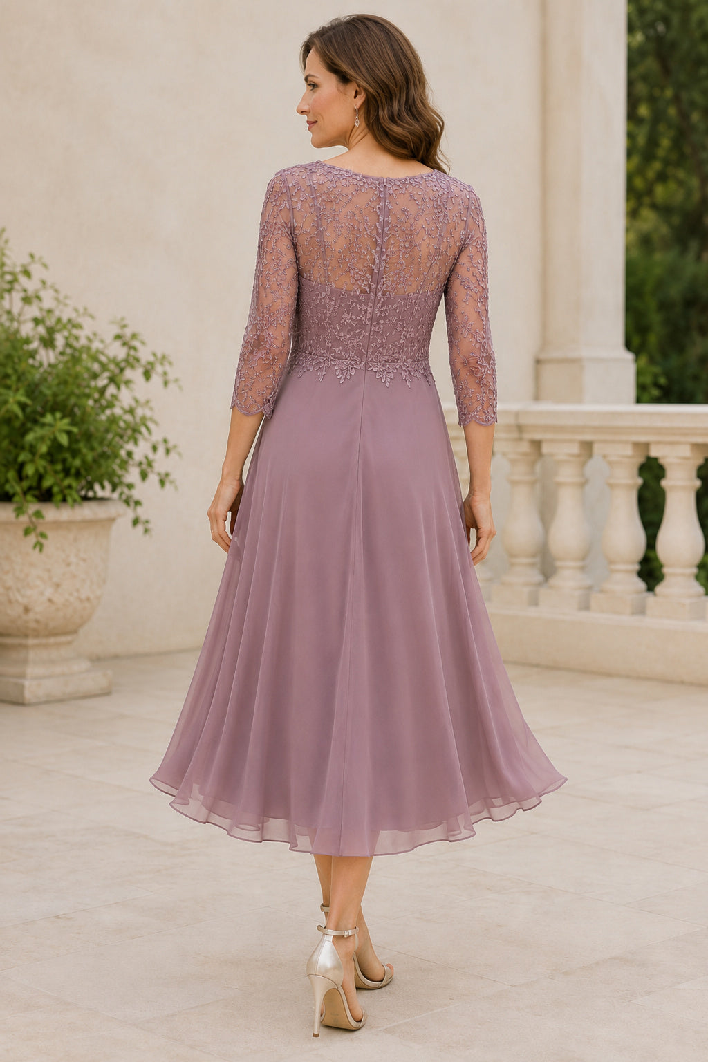 Dusty Rose Three-Quarter Sleeve Lace Tea-Length Mother of the Bride Dress back view