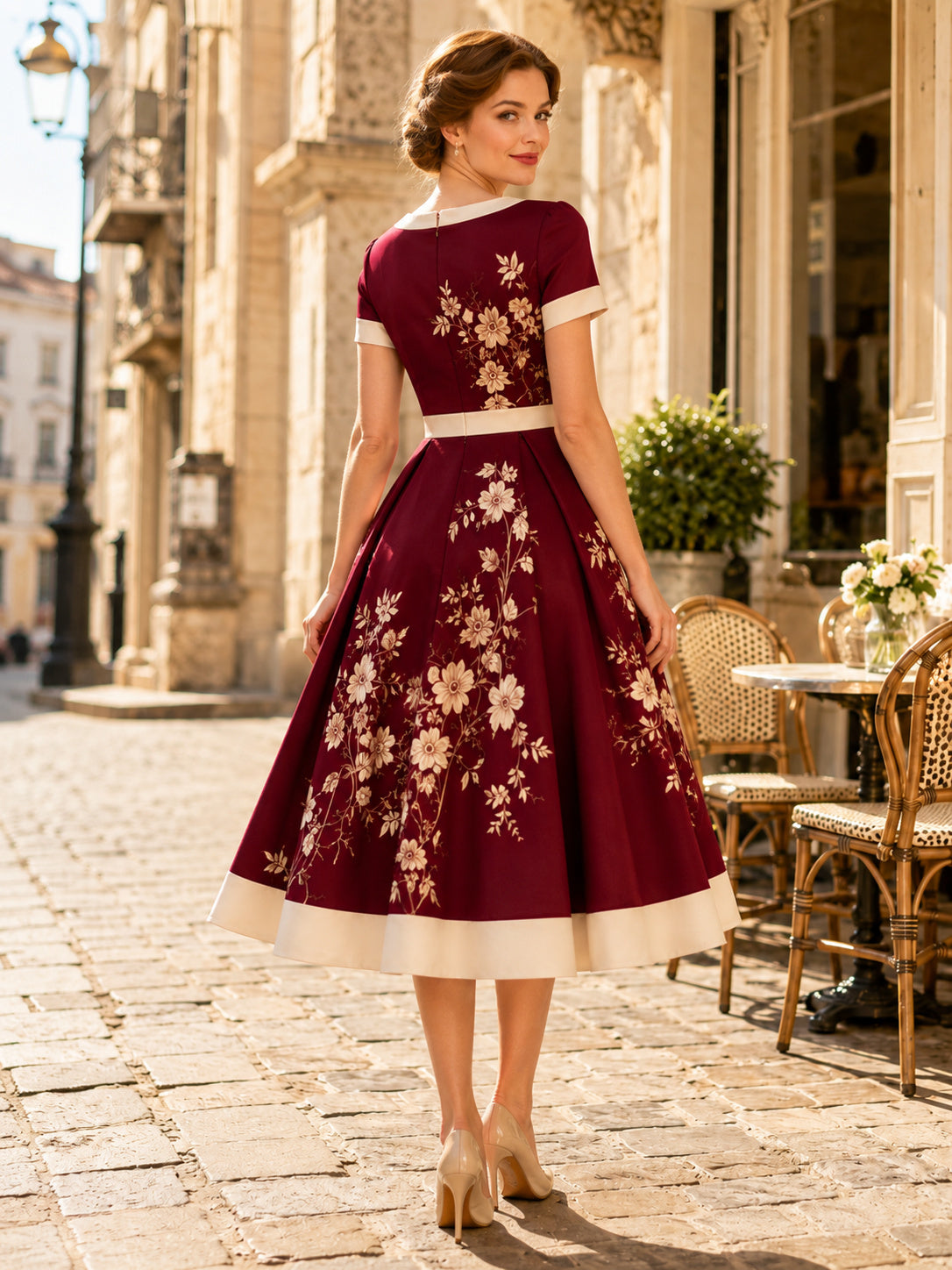 Burgundy Jewel Cap Sleeve Floral Print A Line Tea Vintage Guest Dress back view