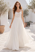 Scoop Neck Sleeveless A-Line Wedding Dress with Lace Bodice and Flowing Chiffon Train front view