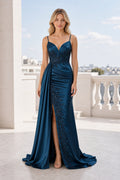 Teal Sweetheart Spaghetti Strap Mermaid Satin Floor-Length Dress With Front Slit