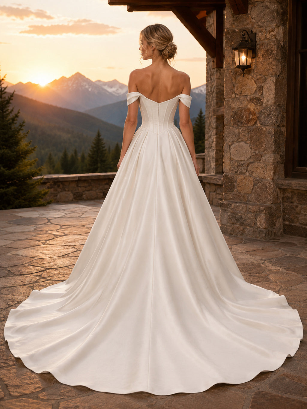 Basque Waist Off-Shoulder Satin Mountain Lodge Elopement Dress back view