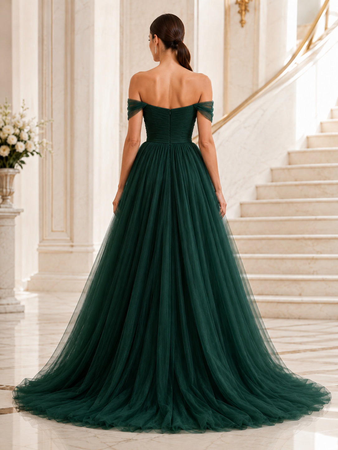 Emerald Off Shoulder Tulle Ball Gown Formal Dress back view
