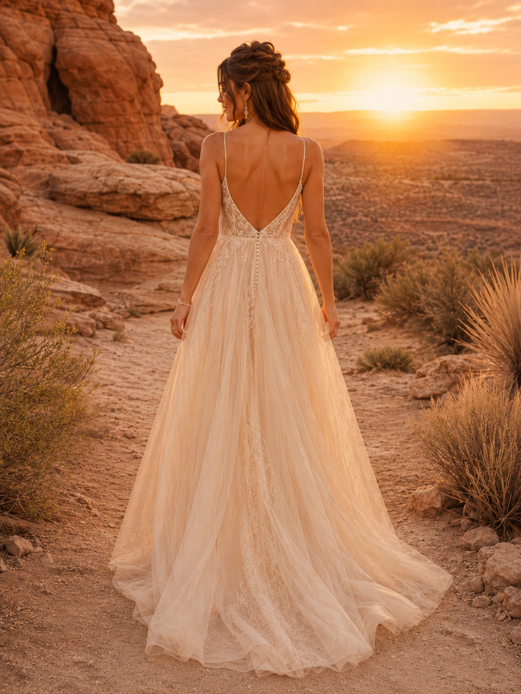 Champagne One-Shoulder Boho Flowing Tulle Desert Bridal Gown back view