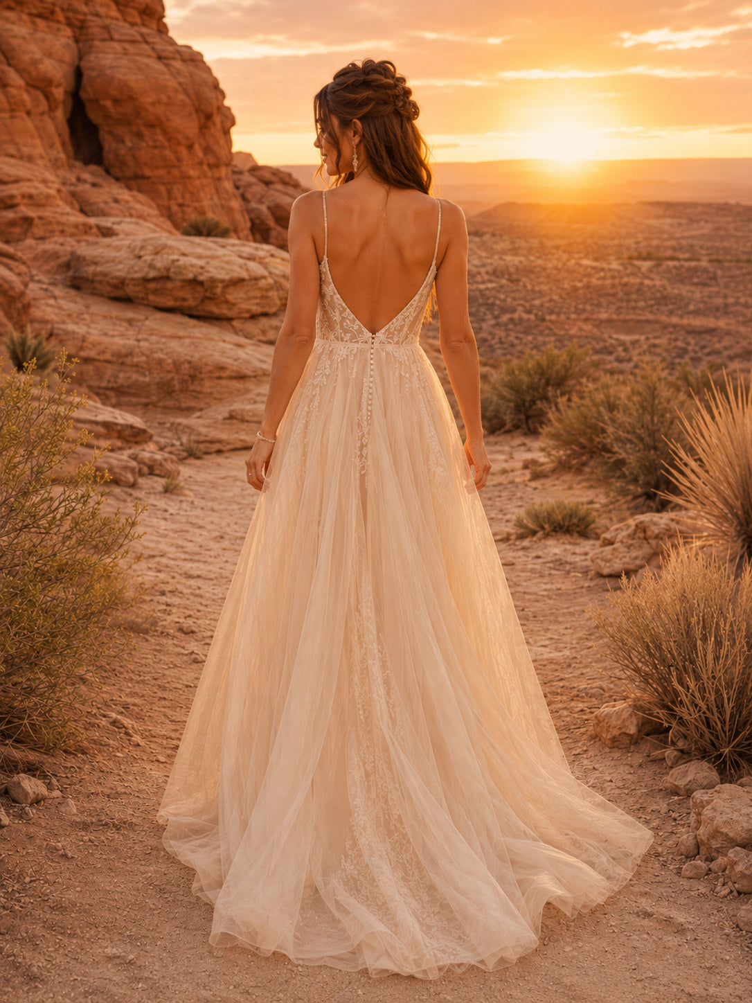 Champagne One-Shoulder Boho Flowing Tulle Desert Bridal Gown back view