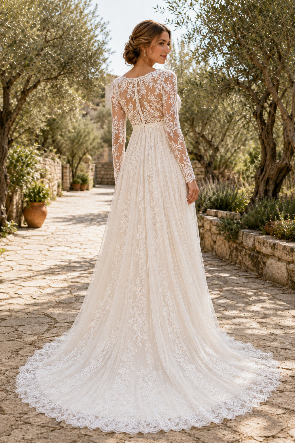 High Neck Long Sleeve A-Line Wedding Dress with Lace Bodice and Full Tulle Train back view