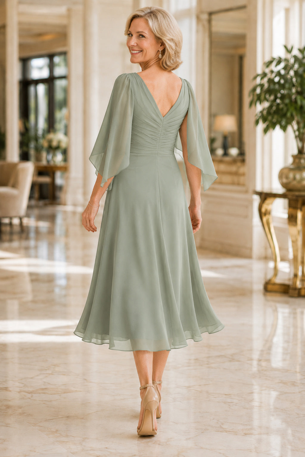 Sage V-Neck Tea Length Chiffon Mother Dress with Flutter Cape Sleeves for Evening Reception back view