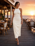 Seaside High Neck Halter Column Engagement Midi Dress front view