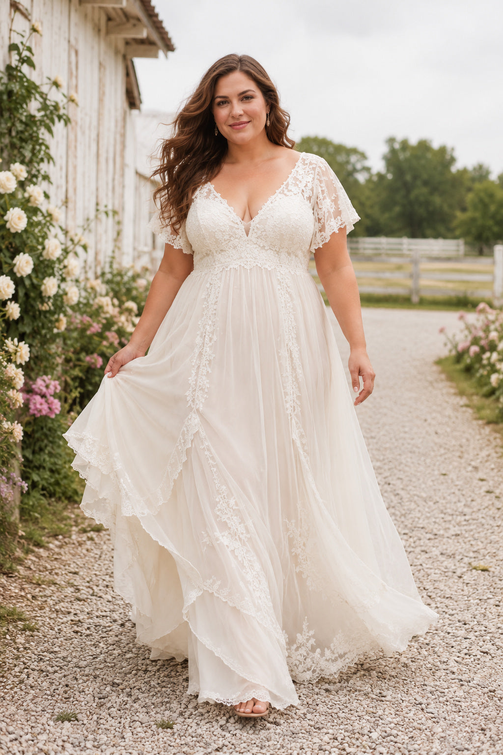 Plus Size Country V-Neck Short Sleeve Lace A-Line Wedding Dress with Split front view